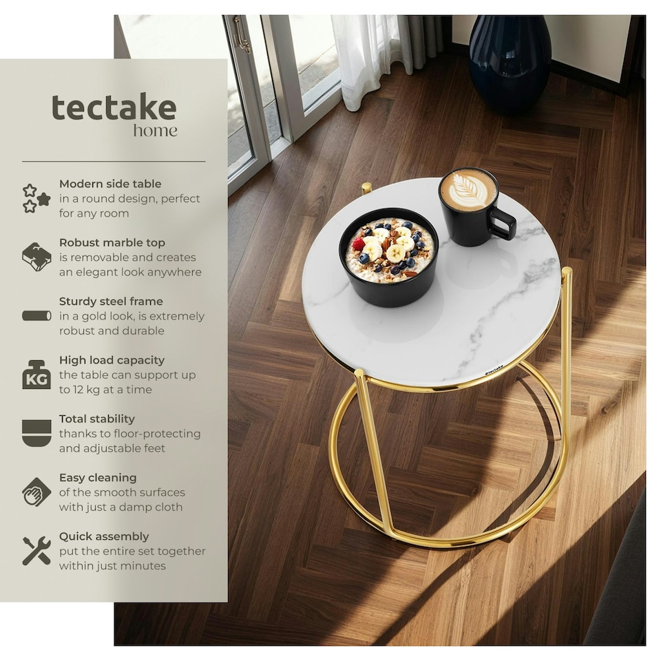 image 1 of Side Table Ellsa - marble top, steel frame, elegant design White | Gold