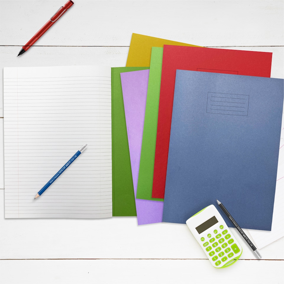 image 1 of Pack of 10 Janrax A4+ Purple 48 Page Feint Ruled and Margin Exercise Books WF Paper with 225gsm Manilla Cover 240x340mm Workbook