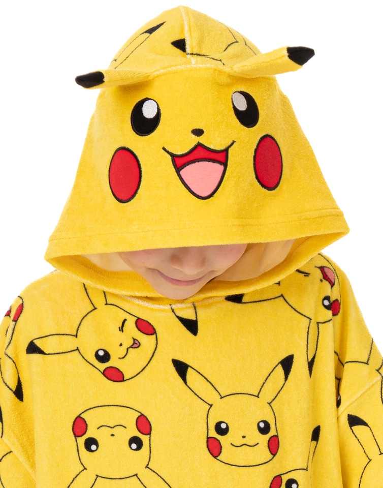 image 1 of Pokemon Kids Towel Poncho | Yellow Bath Towel with 3D Ears For Boys & Girls | Pikachu All Over Print Swimwear Beach Graphic Changing Robe | Cosy Hooded Swim Accessory Merchandise Gift for Children