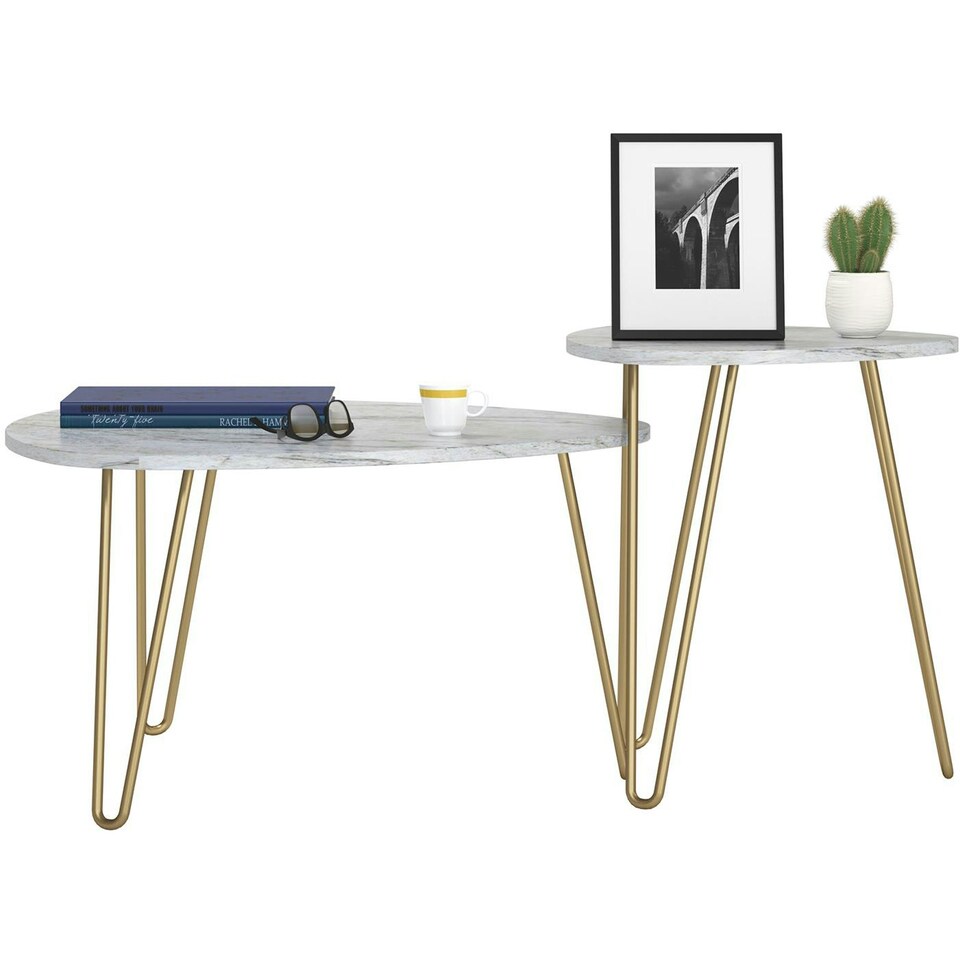 image 1 of Athena Nesting Tables in White Faux Marble / Golden Legs White | White