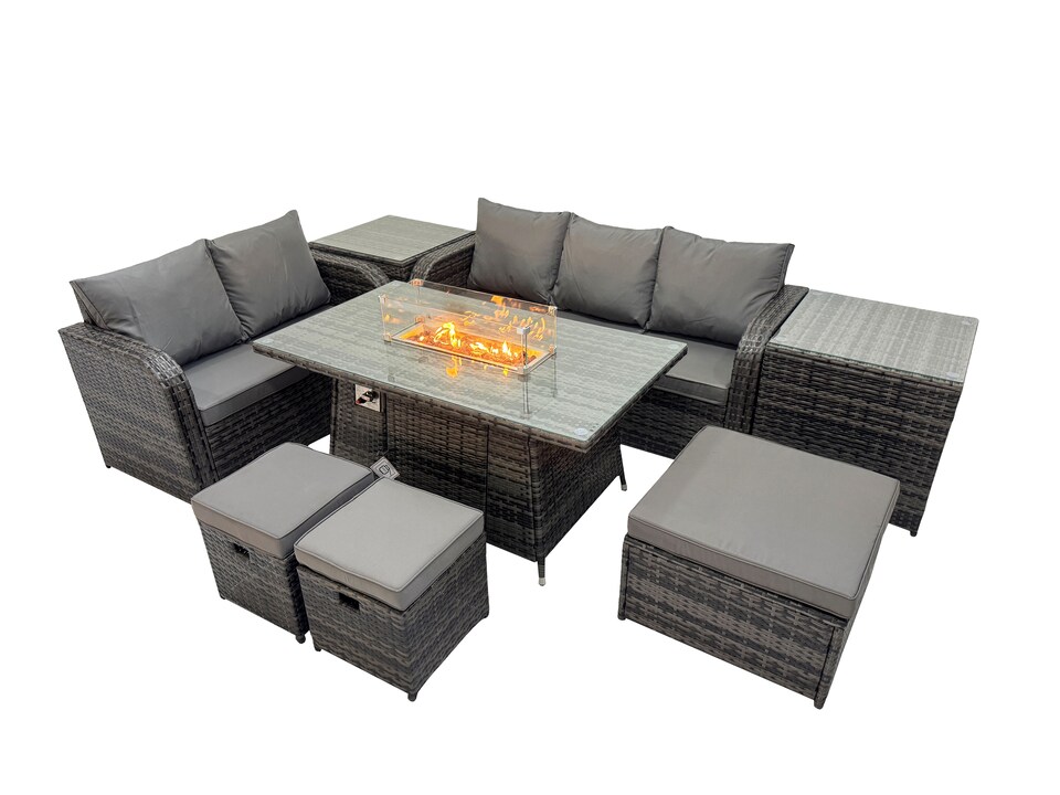 image 1 of Fimous Garden Outdoor Rattan Furniture Set Rattan Love Sofa 3 Seater Sofa with 2 Side Tables 3 Footstools Dark Grey Mixed