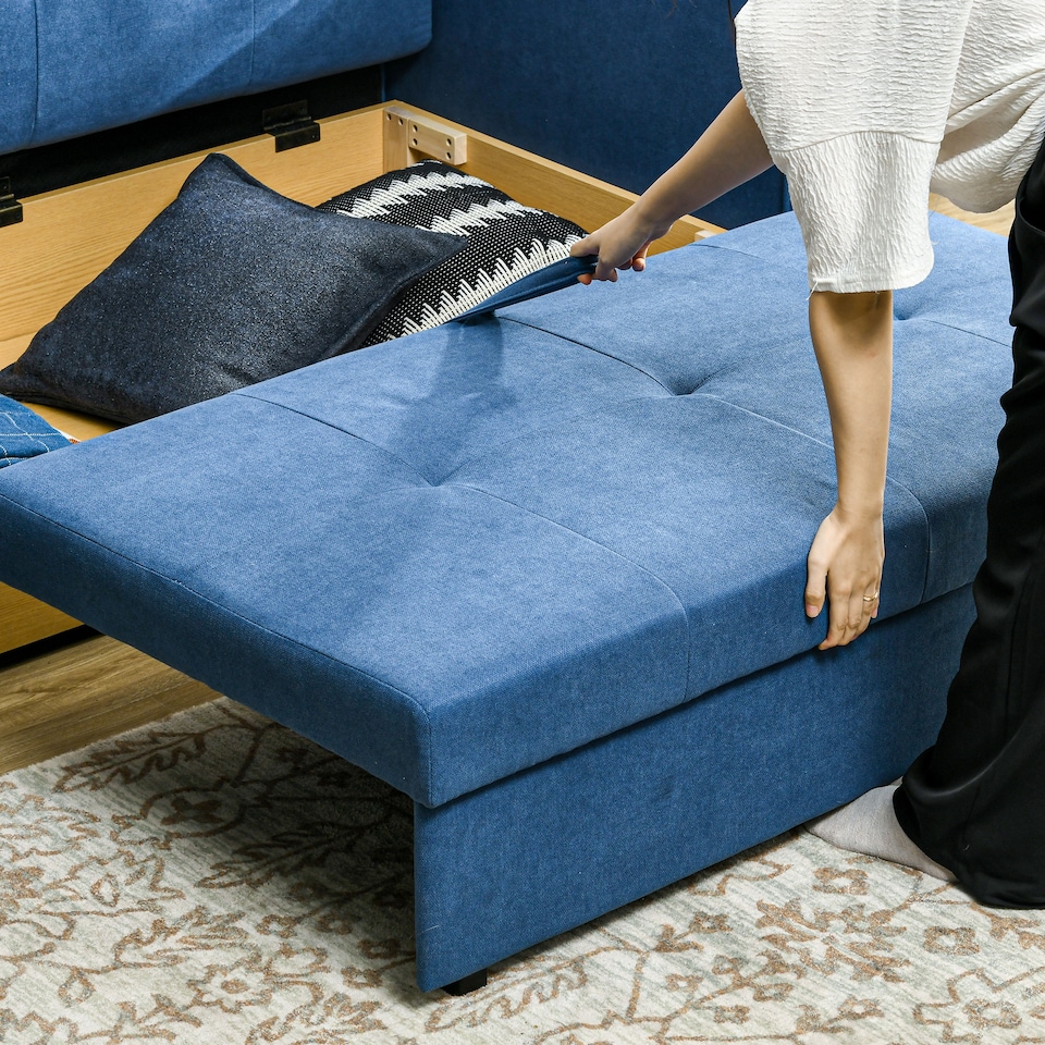image 1 of HOMCOM 2 Seater Sofa Bed with Hidden Storage, Pull Out Convertible Bed Settee, Modern Snow Flannel Loveseat Sofa Sleeper with 2 Cushions for Living Room, Guest Room, Deep Blue
