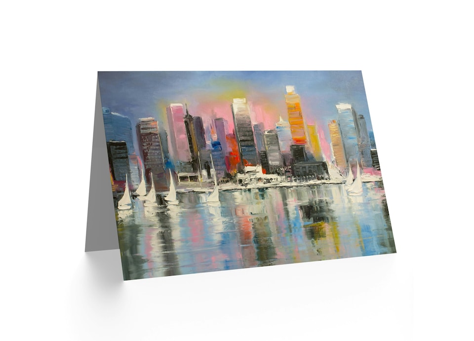 image 1 of City Harbour Cityscape Skyline Urban Painting Art Card