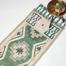 Homescapes Matala Green and Blue Kilim Runner Wool Rug - 66 x 200 cm