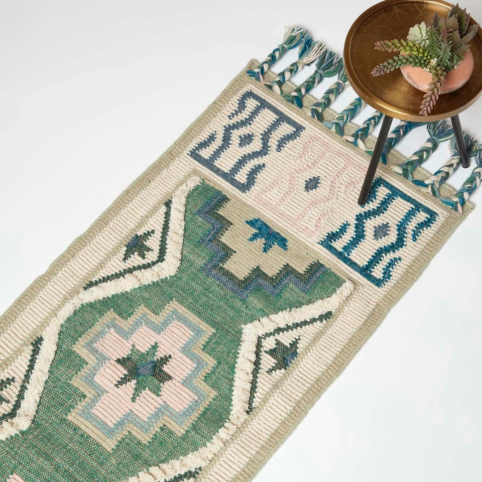 image 1 of Homescapes Matala Green and Blue Kilim Runner Wool Rug - 66 x 200 cm