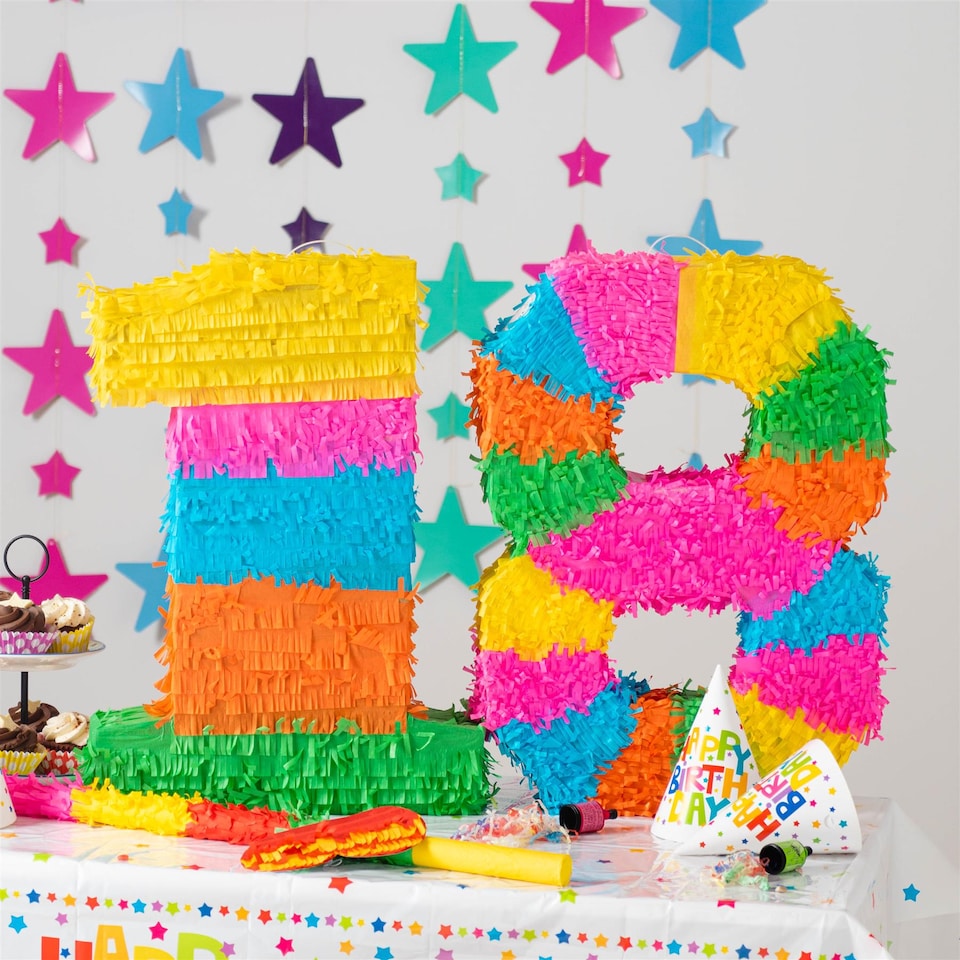 image 1 of Fax Potato Fax Potato Pinata Set with Stick & Blindfold - 18th Birthday / Anniversary - Rainbow