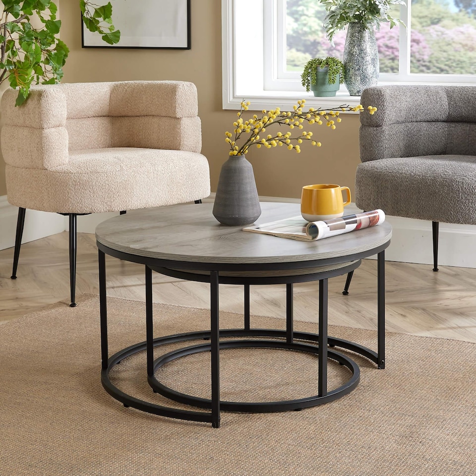 image 1 of Nest of 2 Grey Tables Round Stackable Side Unit Industrial Living Room Furniture