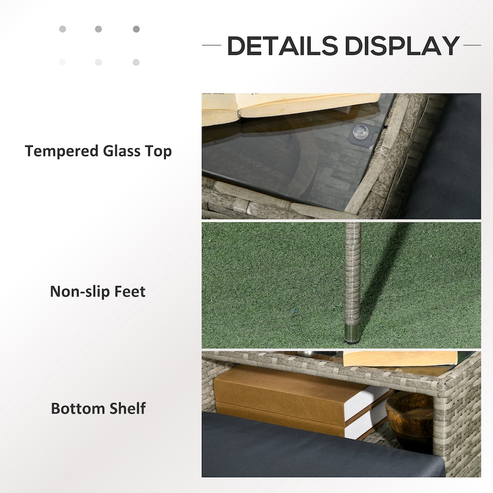 image 1 of Outsunny 2 Seat Rattan Garden Bench, Patio Wicker Chair with Glass Tea Table, Outdoor Love Seat with Padded Cushions, for Garden, Porch, Mixed Grey/Grey