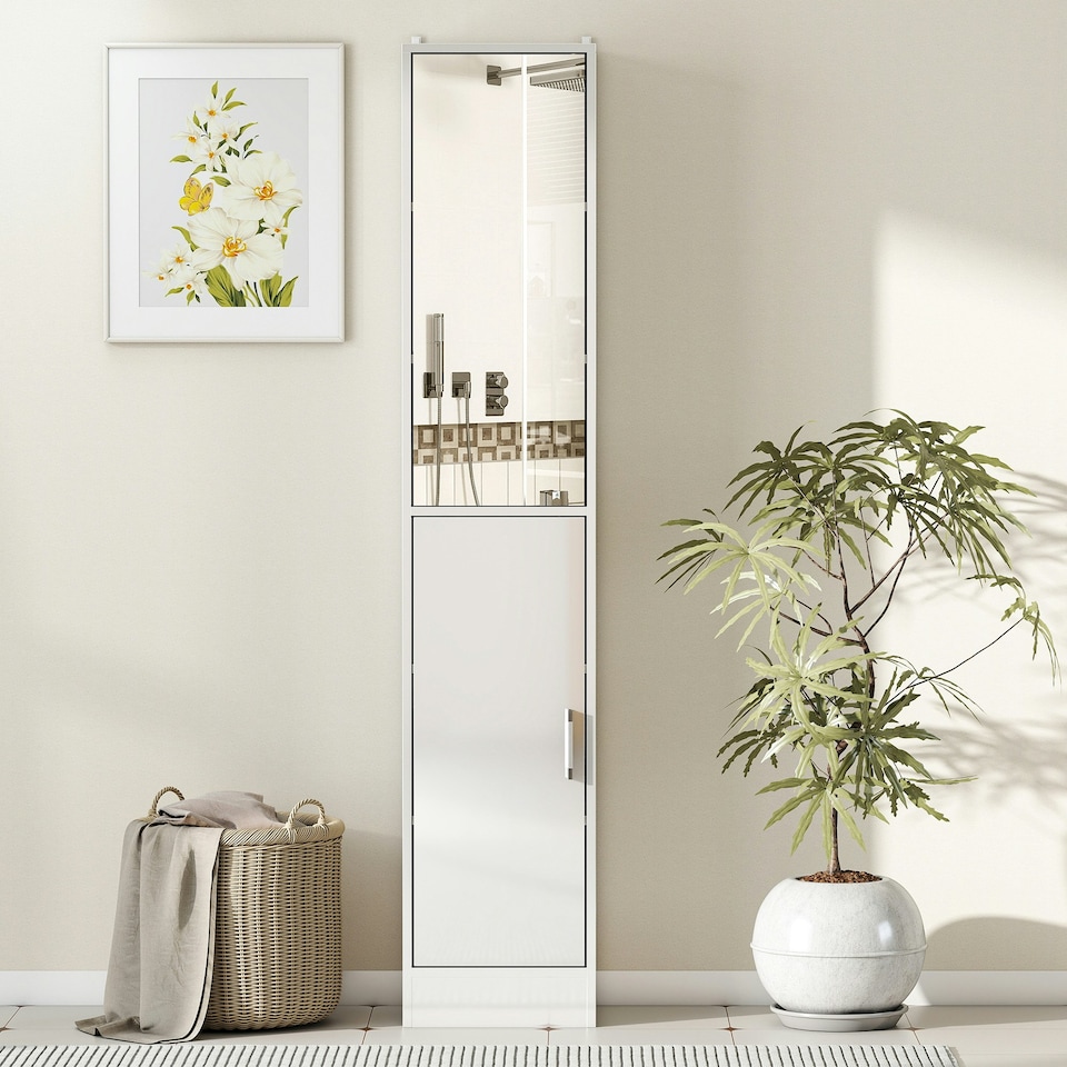 image 1 of kleankin Tall Bathroom Cabinet with Mirror, High Gloss White | White | 162H x 32W x 28D cm