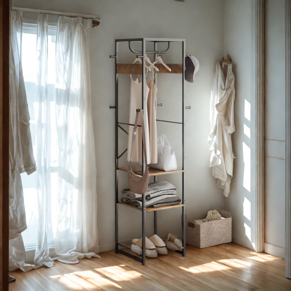 image 1 of Industrial Entryway Hall Tree Coat Rack Stand With Shoe Storage and Hooks