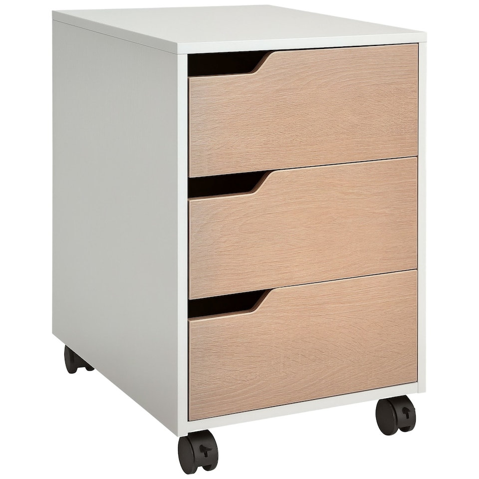 image 1 of MDF Mobile File Cabinet w/ 3 Drawers Locking Wheels Metal Rails Oak Tone White