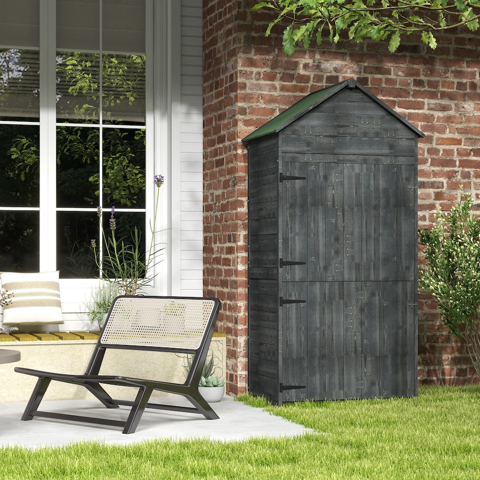 image 1 of Outsunny Wooden Outdoor Storage Shed, Compact Utility Outdoor Tool Shed with Lockable Double Doors and Shelves, Grey