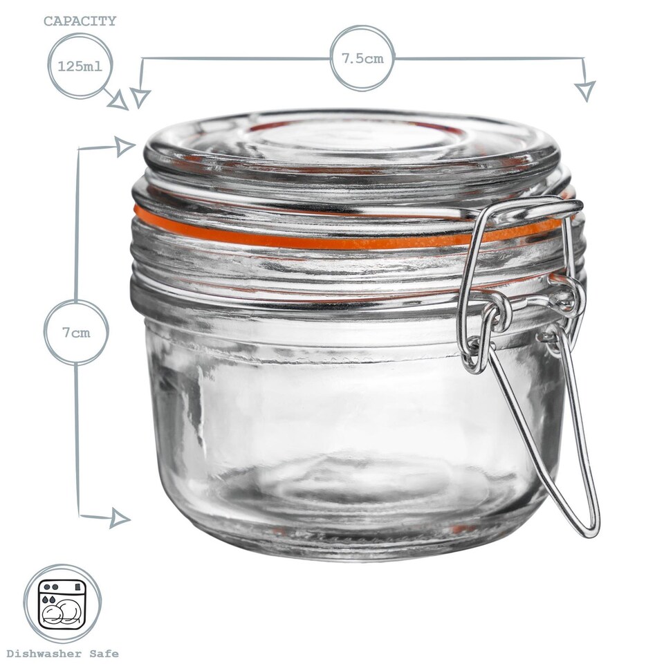 image 1 of Argon Tableware Glass Storage Jar - 125ml - 4 Colour Seals Airtight Kitchen Storage Container Preserving Jar