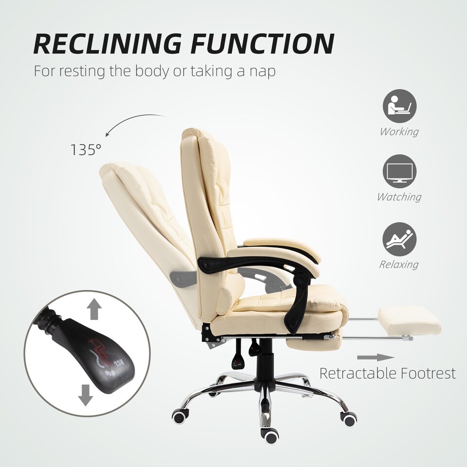 image 1 of HOMCOM Executive Office Chair, Home Office Chair with Swivel Wheels, Reclining Backrest, Retractable Footrest, Cream White