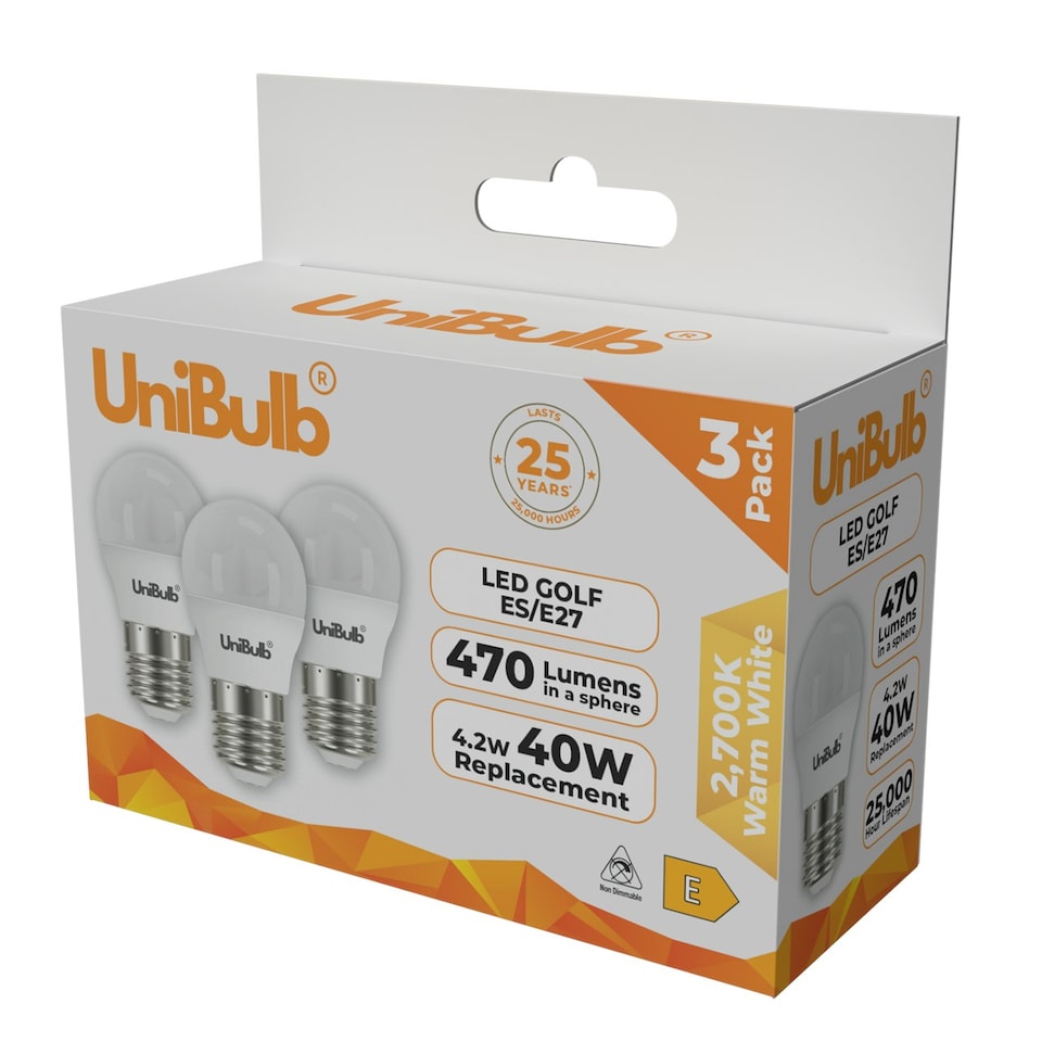 image 1 of UniBulb LED Golf Ball E27 470lm 4.2W 2700K (Warm White) Light Bulb - Pack of 3