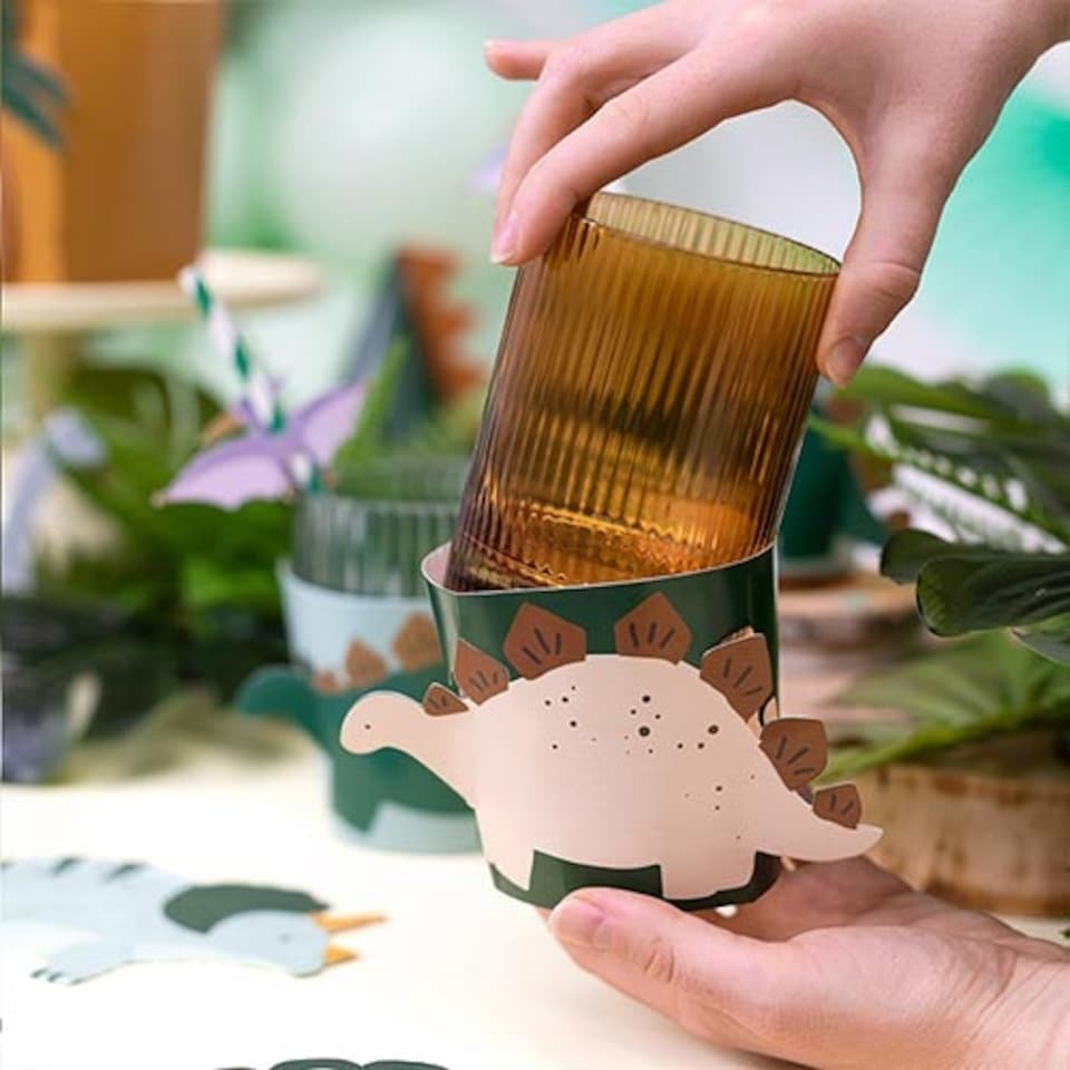 image 1 of Adjustable Dinosaur Cup Cover Paper Sleeves - Pack of 6