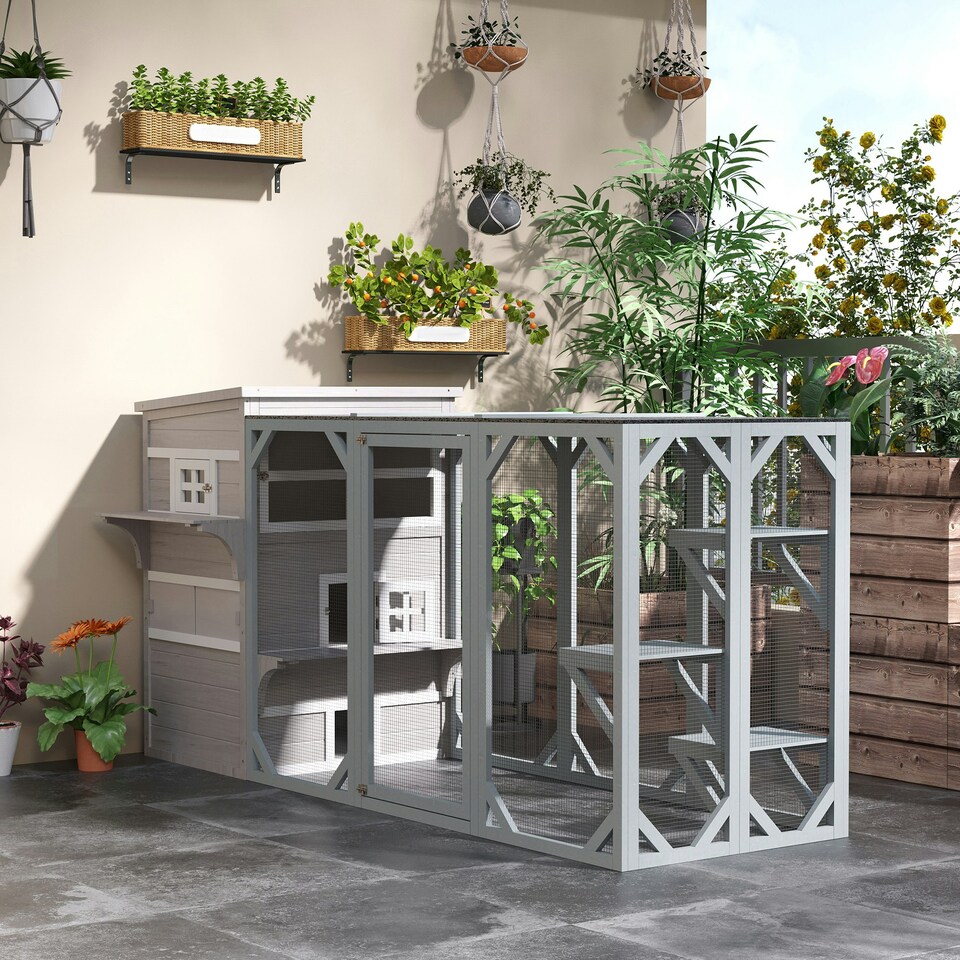 image 1 of PawHut 3-Tier Wooden Kitten Shelter for Indoor, Outdoor - Grey