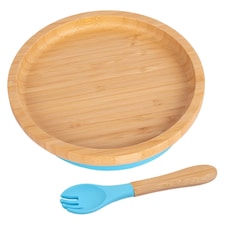 Tiny Dining Bamboo Round Baby Weaning Plate & Fork Set - Blue