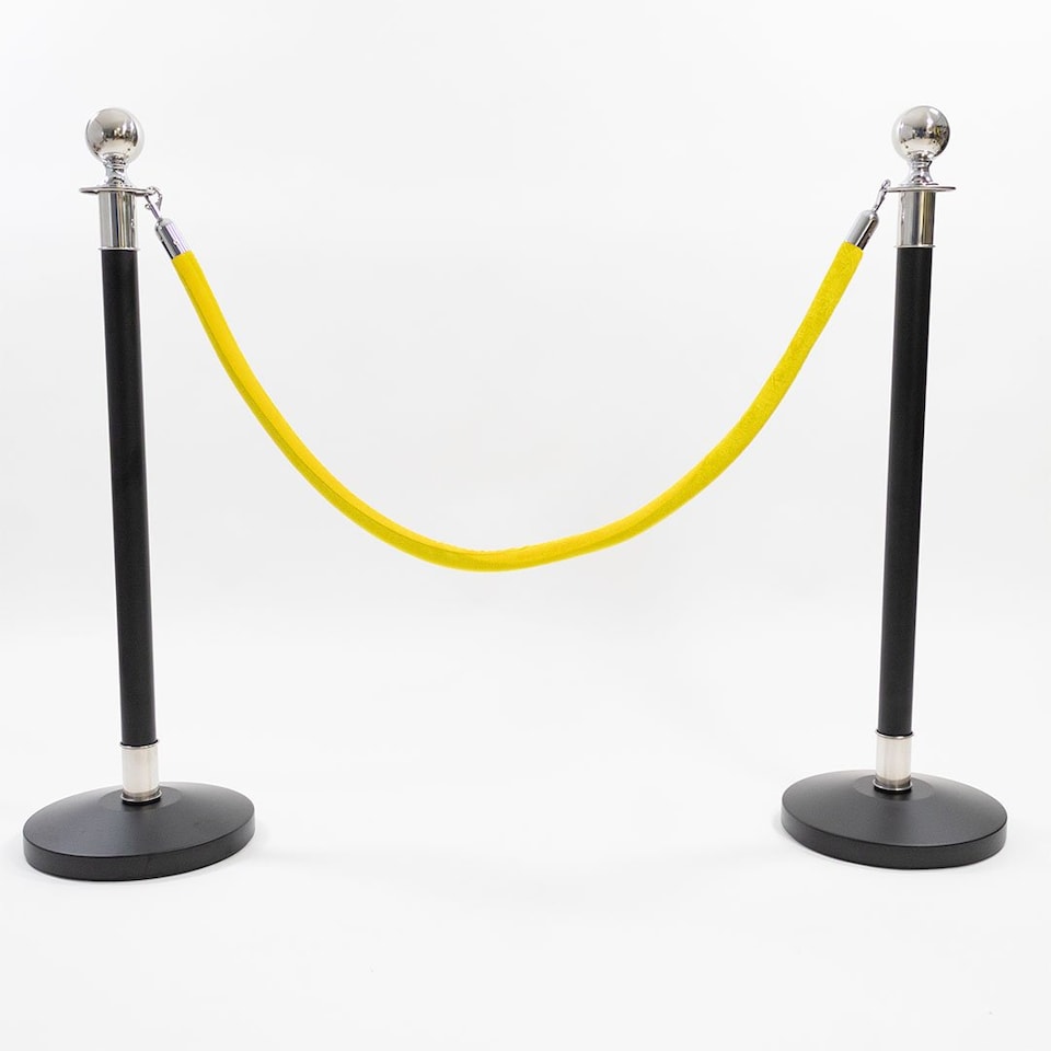image 1 of 2 Silver Finish Black Stanchion Poles with 1 Yellow Gold Velvet Rope