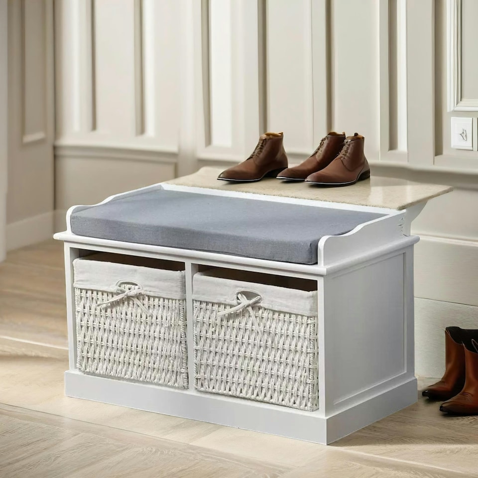 image 1 of Shoe Storage Bench With Cushioned Seat And 2 Drawers White White