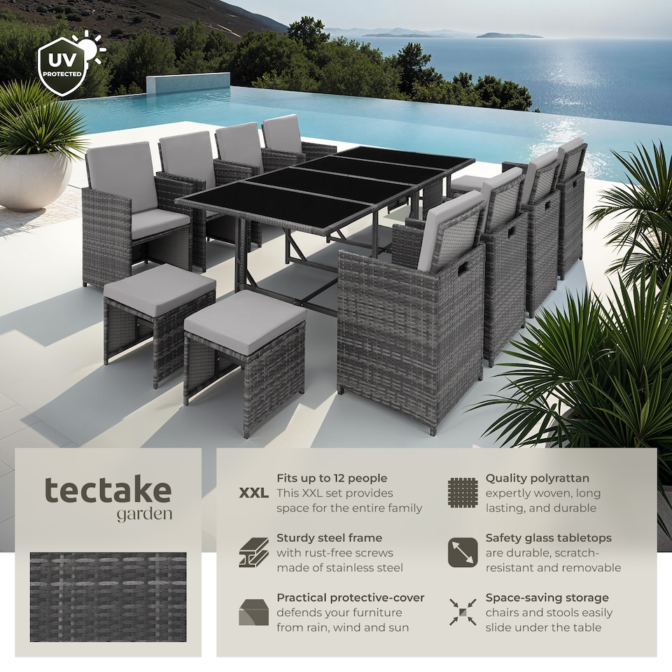 image 1 of Garden Table and Chairs Palma - 12 seats with cushions, dining table, rain cover | Grey | grey/light grey | 53 x 53 x 87 cm | 1