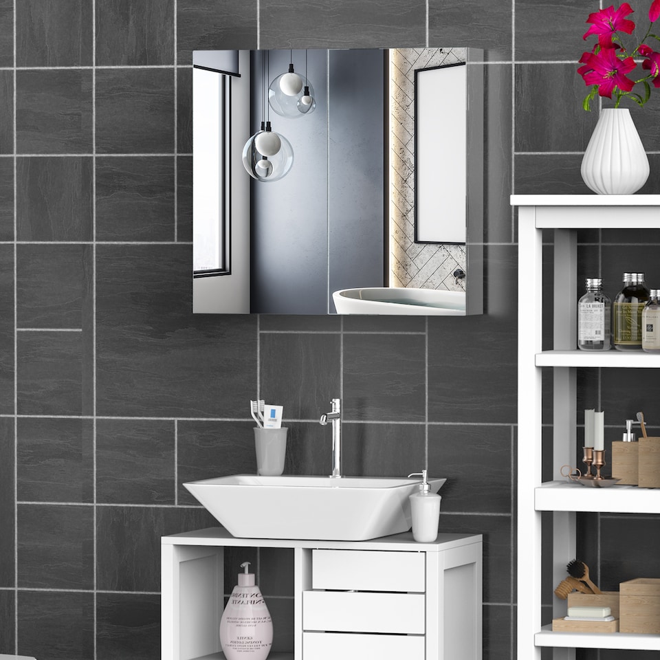 image 1 of HOMCOM Bathroom Mirror Cabinet, Stainless Steel Wall Mounted  Bathroom Storage Cabinet with Double Doors, 60x55cm