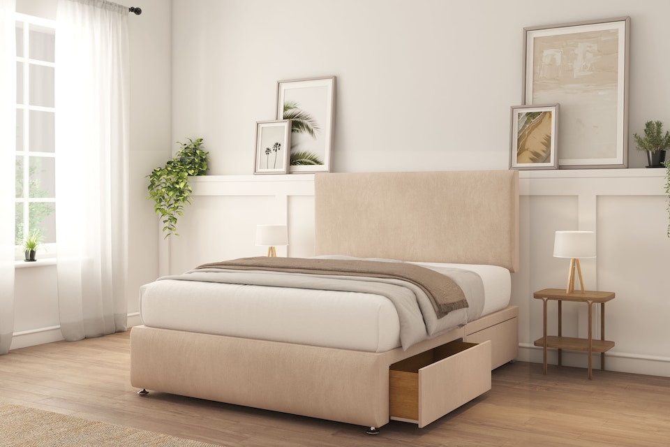 image 1 of Sloomy Rutherford Sand Naples Divan Bed With Mattress 2 Drawers Left 26" Strutted Headboard & 12" Footboard 6' Super King