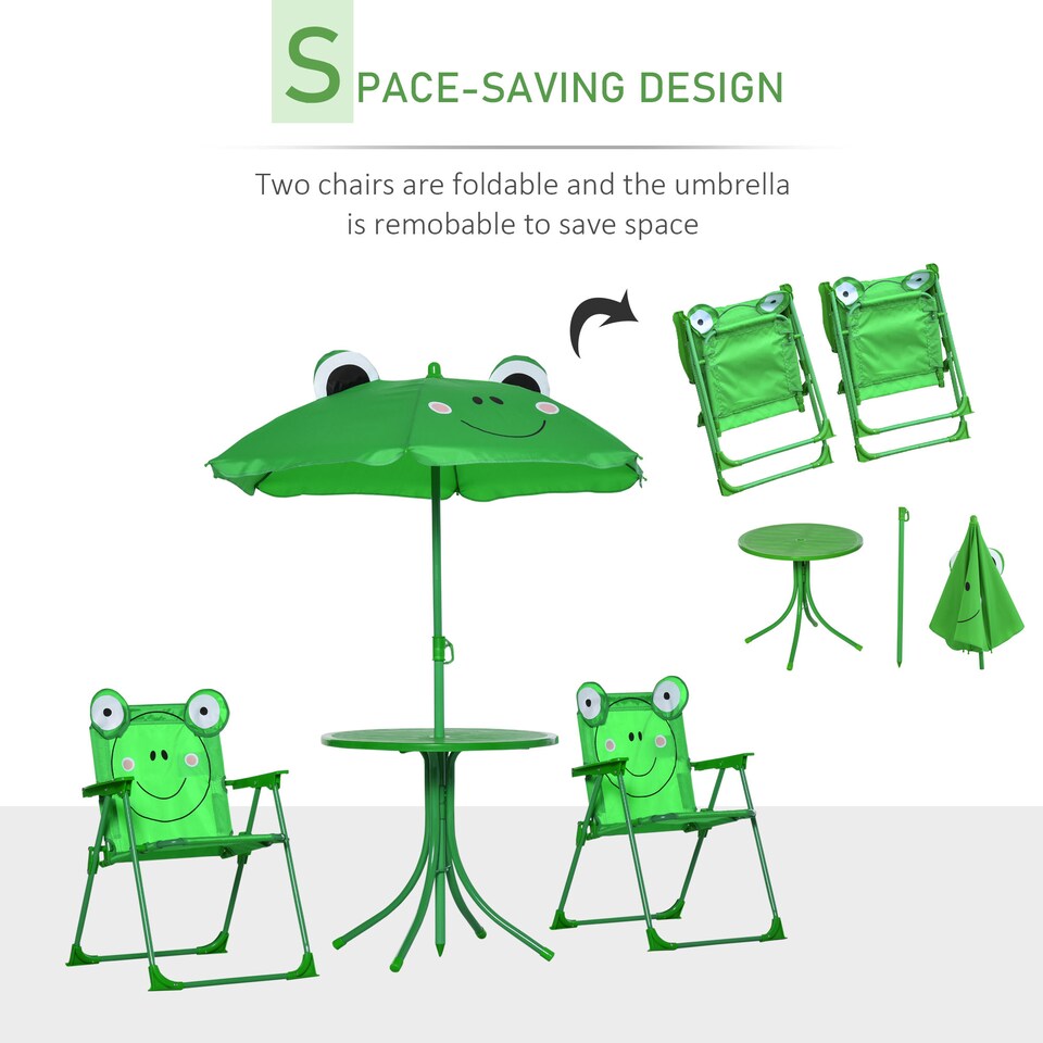 image 1 of Outsunny Foldable Patio Kids Metal Picnic Table w Frog Umbrella Green 4-piece