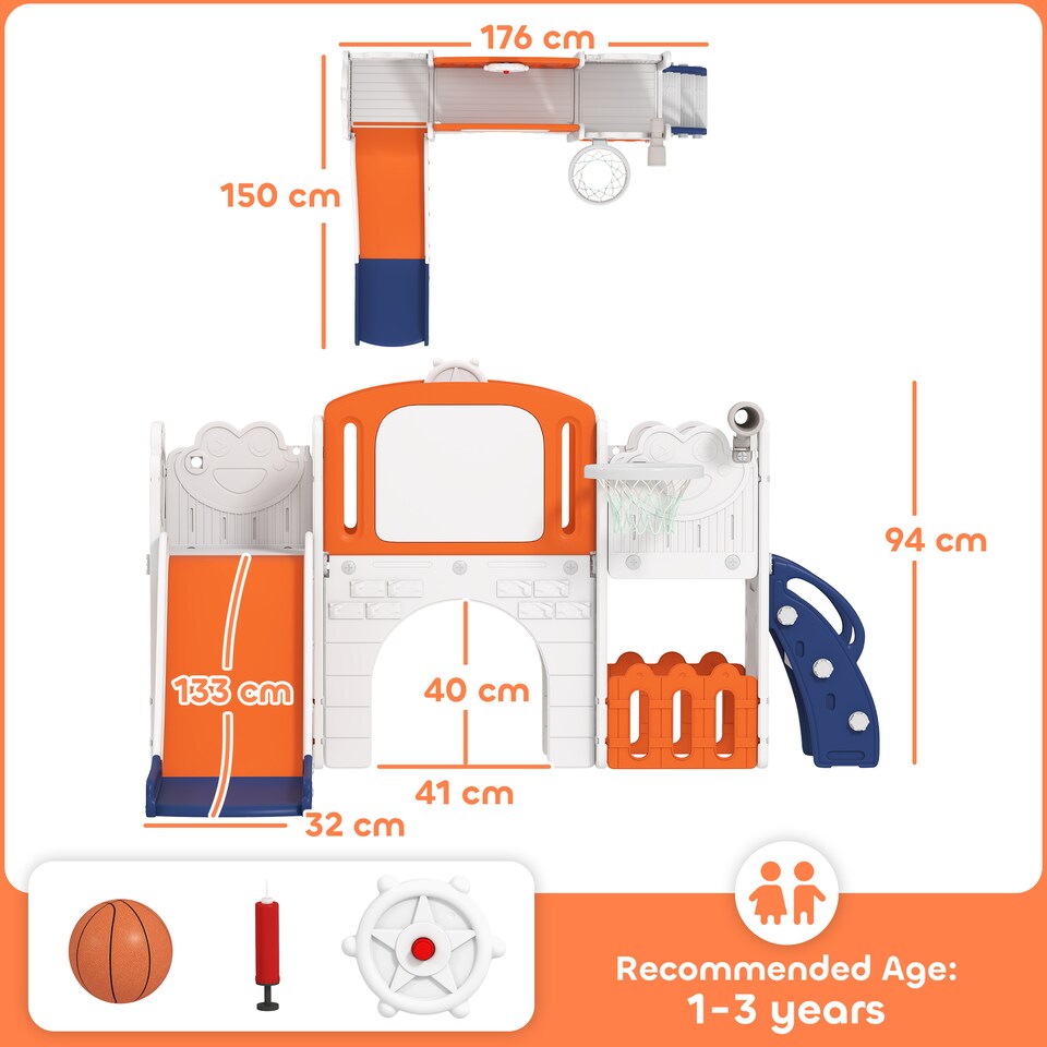 image 1 of AIYAPLAY 7 in 1 Toddler Slide Set, Frog Theme Playset with Basketball Hoop | Orange | Orange & White | 176L x 150W x 94H cm