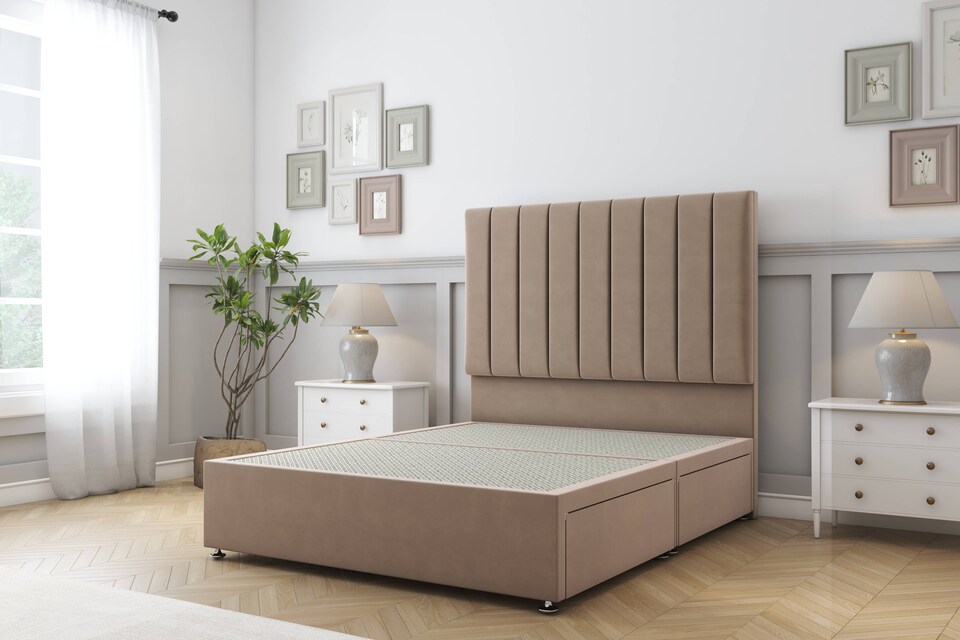 image 1 of Sloomy Kansas Mink Plush Divan Bed Base 2 Drawers Same Side With 54 Inch Floor Standing Headboard | Brown | Mink | Double | 1