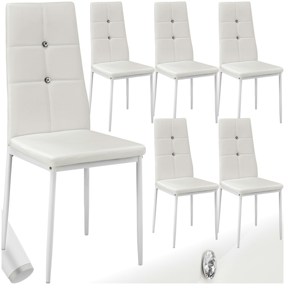 image 1 of Dining Chair Set - high backrest, slim steel legs & rhinestone highlights - Set of 6 White