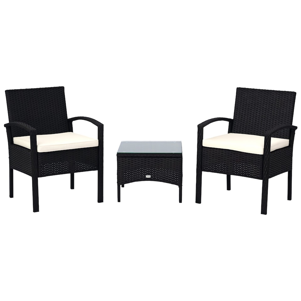 image 1 of Outsunny 3 Pieces Rattan Bistro Set, Wicker Garden Furniture Set with Glass Top Coffee Table and Chairs, Washable Cushions for Outdoor, Patio, Balcony, Black