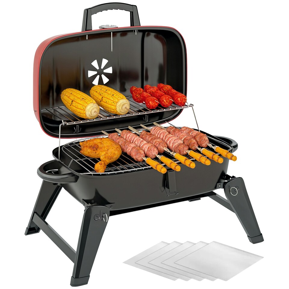 image 1 of Outsunny Folding Charcoal Barbecue Grill, Portable BBQ for Camping, Red