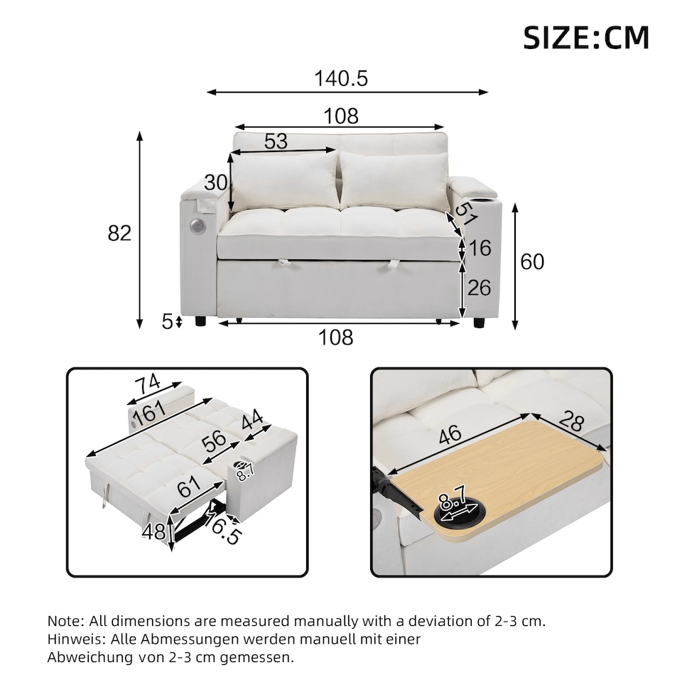 image 1 of FENCHILIN 2 Seater Pull Out Sofa Bed Loveseat Recliner with Hidden Table, Cup Holders, USB & Type-C Beige