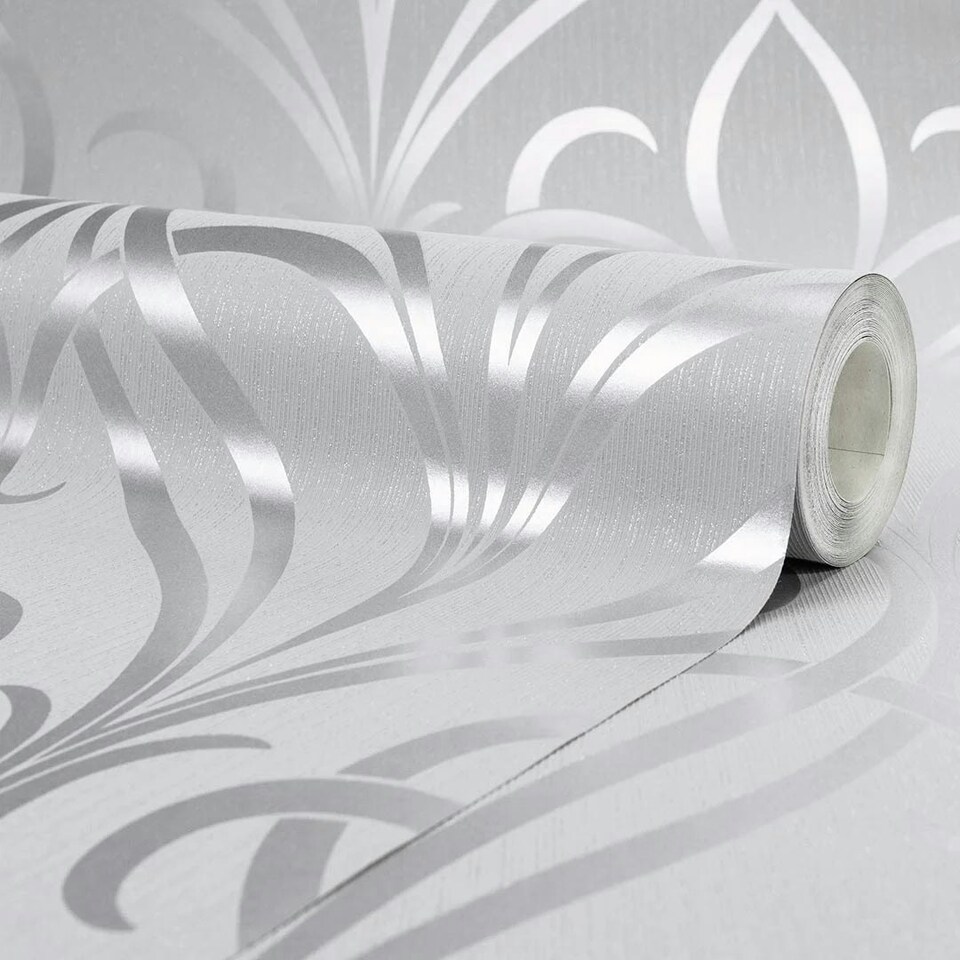 image 1 of Camden Damask Wallpaper in Soft Grey and Silver Multi