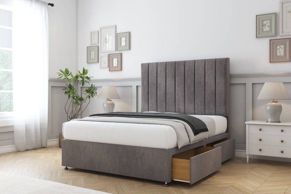 image 1 of Sloomy Kansas Slate Naples Divan Bed Base No Drawers With 26 Inch Strutted Headboard | Grey | Slate | Small Double | 1