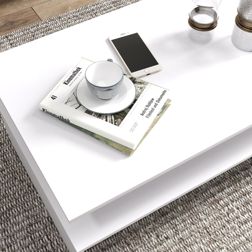 image 1 of HOMCOM Coffee Table with Storage, 2-Tier Centre Table, Modern Living Room Table with Open Shelf and Aluminium Poles, White | White