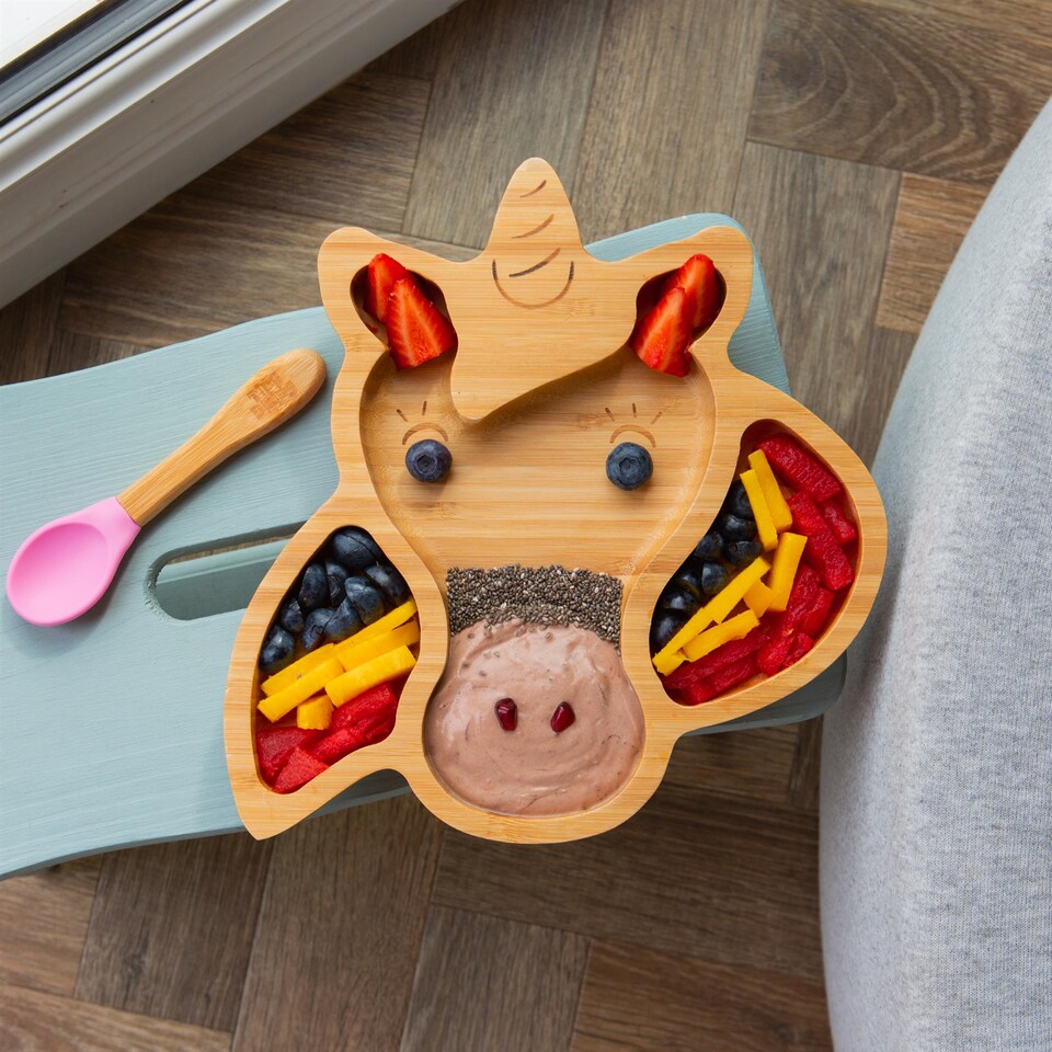 image 1 of Tiny Dining 4pc Bamboo Suction Feeding Set - Unicorn/Pink - Divided Non-Slip Bamboo Baby Self-Feeding Dining Weaning Set