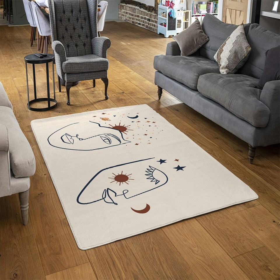 image 1 of Line art Illustration with Mystical and Celestial elements like stars, moon, sun and planets (Rug) Cream | M