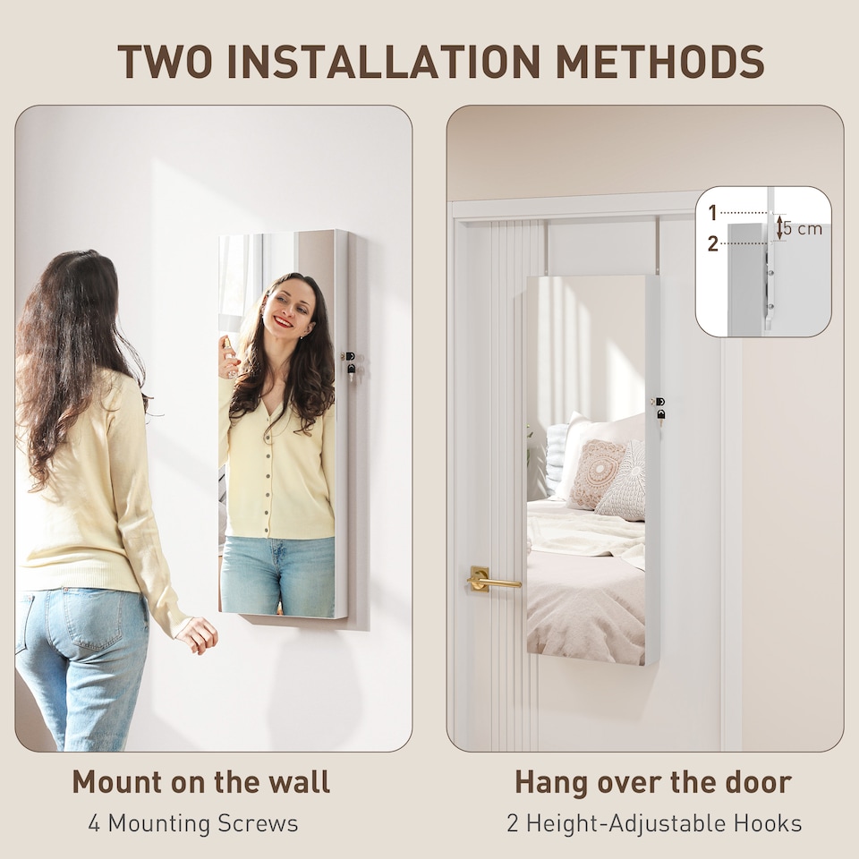 image 1 of HOMCOM Jewellery Cabinet with LED Lights, Door Hanging or Wall Mounted Full Length Mirror with Storage, Lockable Jewellery Organiser, White Surface and Black Lining | White | White Surface and Black Lining