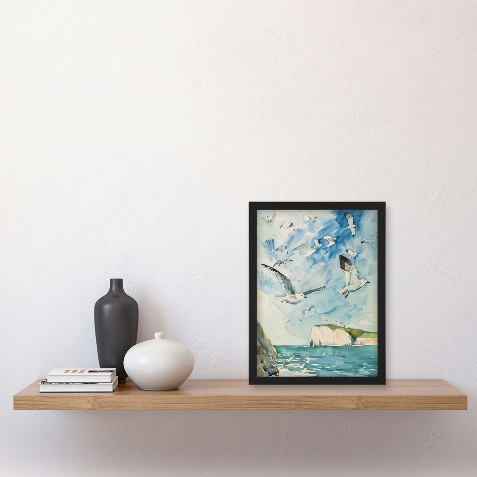 image 1 of Seagulls Over White Cliffs of Dover UK Coastline Black Framed Wall Art Print A4