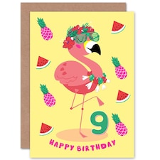Flamingo Fruit Fun Cartoon Age 9 Year Old Child Kids 9th Birthday Card