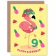 image 1 of Flamingo Fruit Fun Cartoon Age 9 Year Old Child Kids 9th Birthday Card