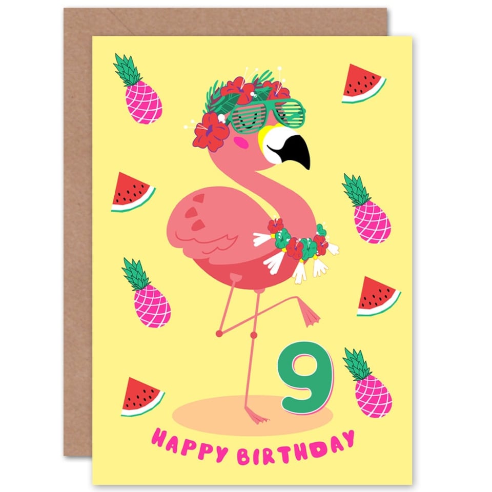 image 1 of Flamingo Fruit Fun Cartoon Age 9 Year Old Child Kids 9th Birthday Card