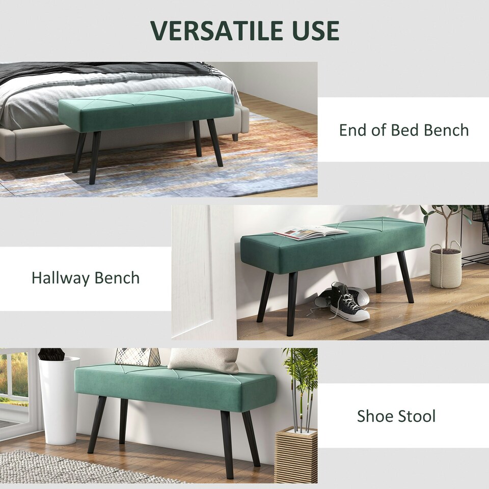 image 1 of HOMCOM End of Bed Bench, Upholstered Hallway Bedroom with Steel Legs, Green