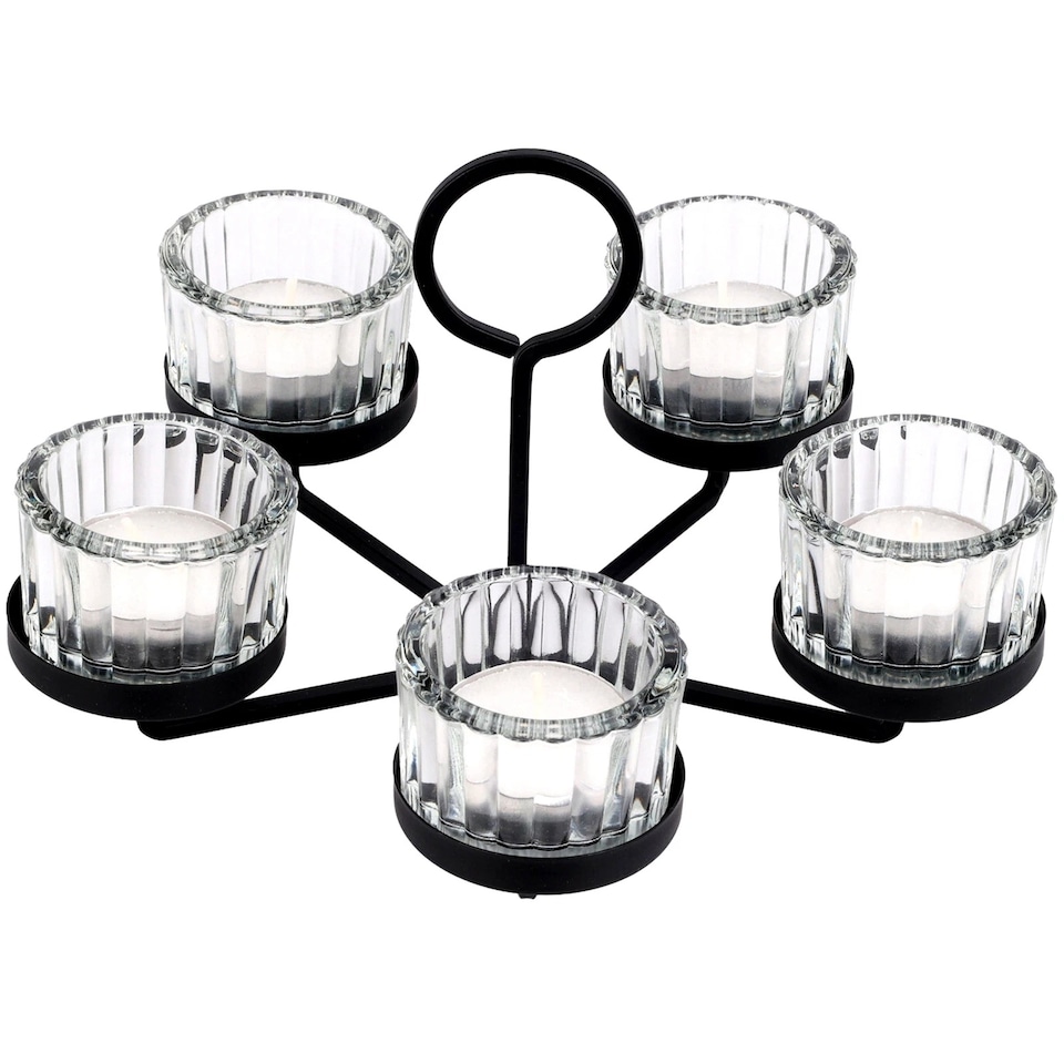 image 1 of 5-Arm Glass & Black Metal Tea Light Candle Holder Candelabra Wedding Centrepiece