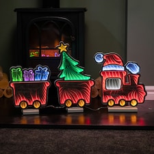 70cm Infinity Christmas Train with 2 Carriages on Wood Base and Multi-Coloured LEDs