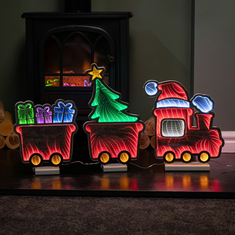 image 1 of 70cm Infinity Christmas Train with 2 Carriages on Wood Base and Multi-Coloured LEDs