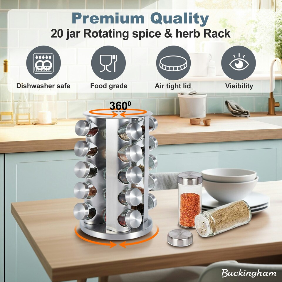image 1 of Buckingham Stainless Steel Rotating Spice & Herb Rack including 20 Glass Jars Silver