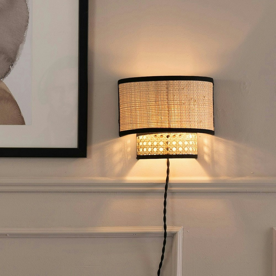 image 1 of ValueLights Grant Plug in Natural Rattan Wicker Cane Wall Light